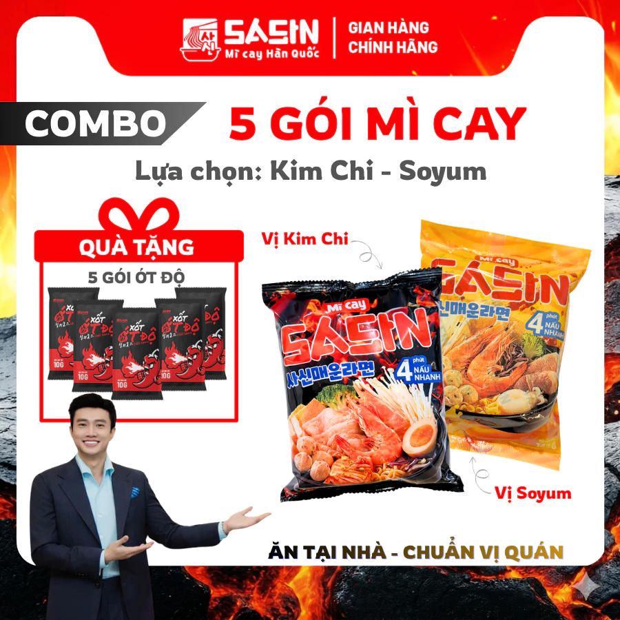 Mì Cay Sasin (Combo 5 gói mì + 5 gói ớt độ) (Chọn vị)