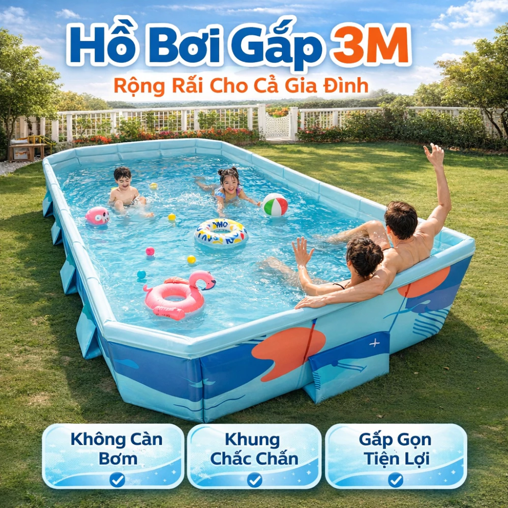 Hồ Bơi Gấp 3M Cho Cả Gia Đình, Không Cần Bơm, Khung Chắc Chắn, Dễ Gấp Gọn,nhẹ Nhàng cất trữ