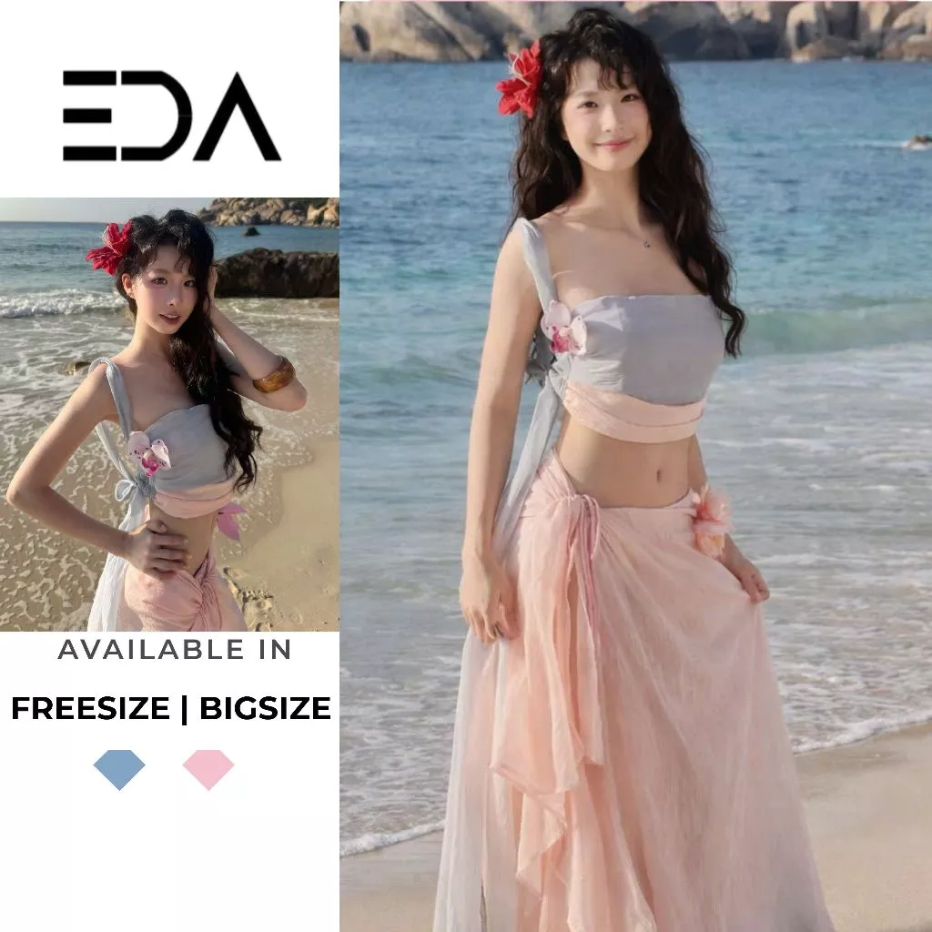 EDA - SET Bikini Đi Biển Áo Croptop Cao Cấp Phối Chân Váy Dài Cao Cấp Đính Hoa Phụ Kiện Xanh Hồng EDA Boutique