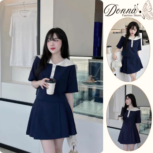 Set Đồ Bộ Nữ HCOM2999 Áo Phông Cổ Bẻ Thủy Thủ Mix Chân Váy Xếp Ly Dáng Xòe Style Hàn Quốc DONNA
