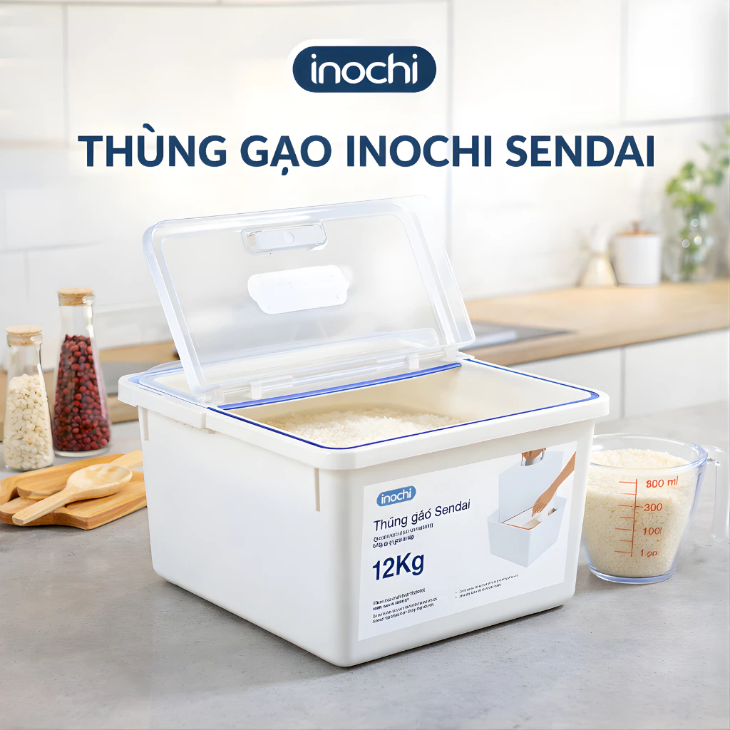 Thùng gạo Inochi - Sendai 12kg Thân Trắng ngọc + Nắp Trong suốt + Gioăng Trắng trong