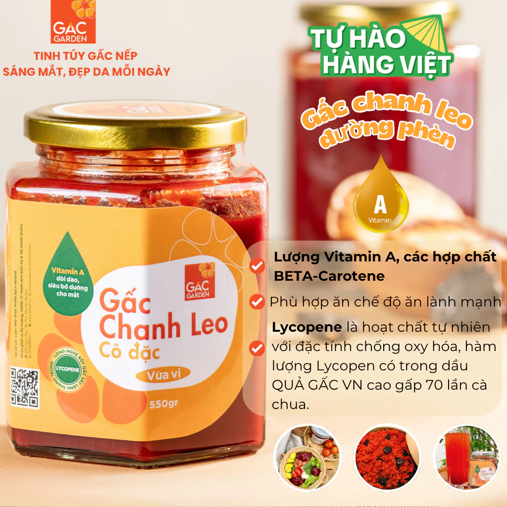 Hũ gấc chanh leo đường phèn cô đặc Gấc Garden vị dễ uống, bổ sung vitamin A mỗi ngày tốt cho mắt và trí não hũ 550g