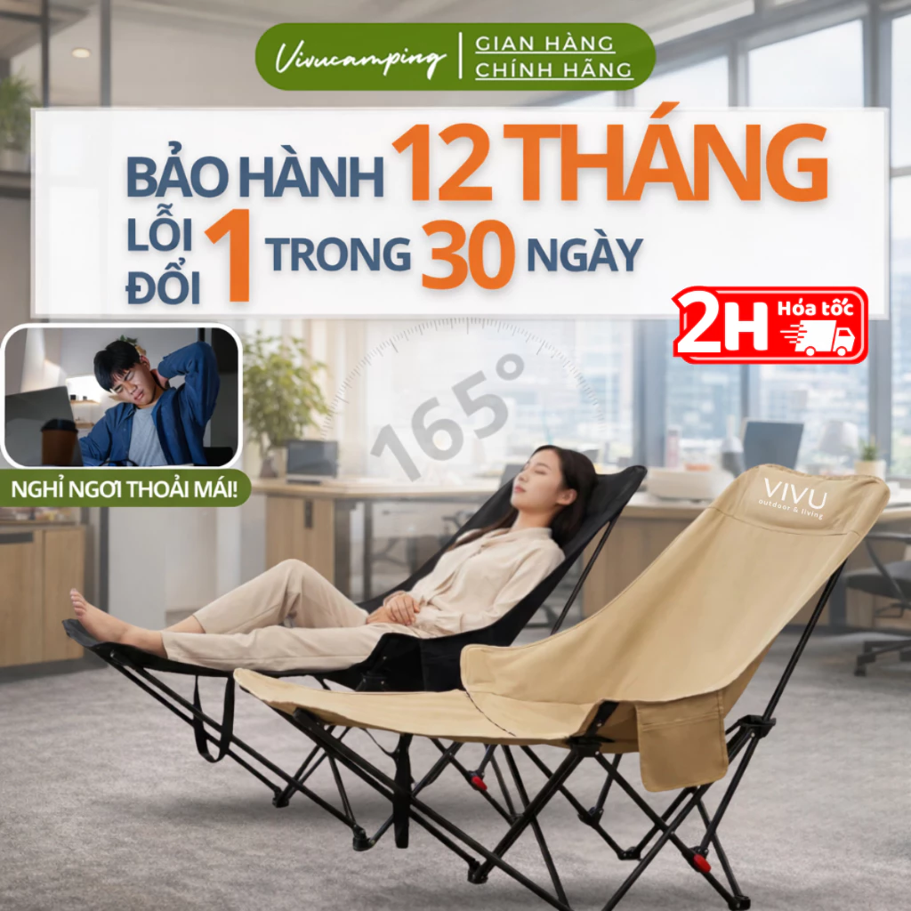 [Hỏa tốc] Ghế Ngủ Văn Phòng Gấp Gọn Vivu Outdoor Chịu Tải 150kg, Ghế Gác Chân Ngả Lưng Thư Giãn