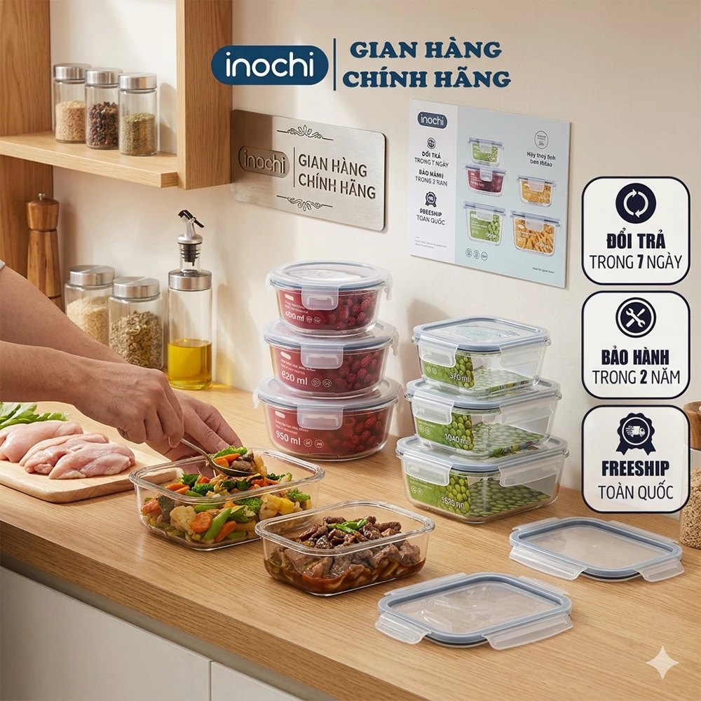 Hộp Thuỷ Tinh -Đựng Thực Phẩm Nikko INOCHI Đựng Đồ Ăn, Thức Ăn Trong Ngăn Đá Tủ Lạnh Chịu nhiệ 400°C