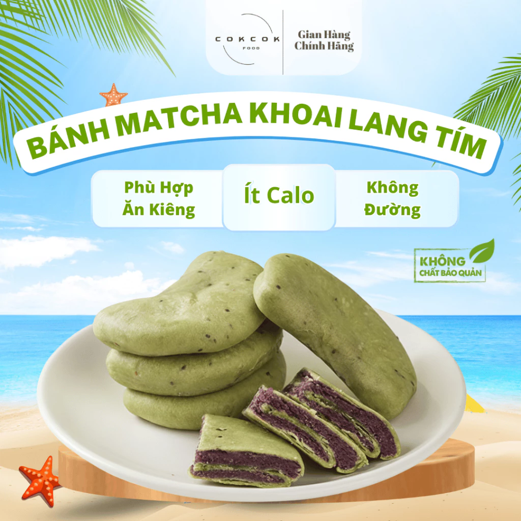 [BÁN CHẠY] Bánh Matcha Khoai Lang Tím Không Đường COKCOKFOOD, Bánh Ăn Vặt Nhẹ Nhàng Healthy, Ít Calo, Phù Hợp Ăn Kiêng