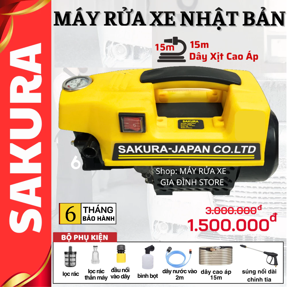 Máy rửa xe Sakura ASK9093 áp lực cao - Máy rửa xe mini - Đầy đủ phụ kiện TẶNG bình tạo bọt