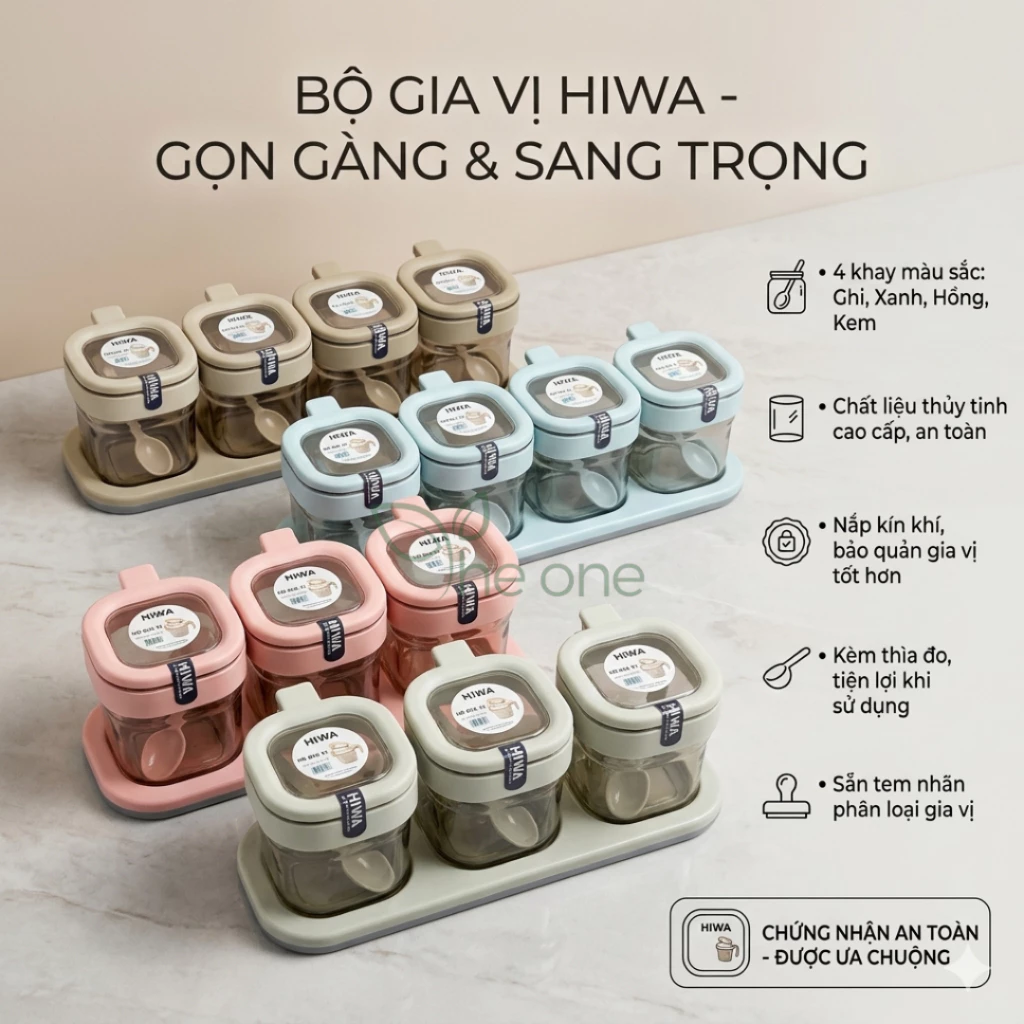 Bộ lọ gia vị 2 3 4 hũ Hiwa,thiết kế kèm muỗng, khay đựng tiện dụng, hũ gia vị ngăn kiến, không ẩm ỉu