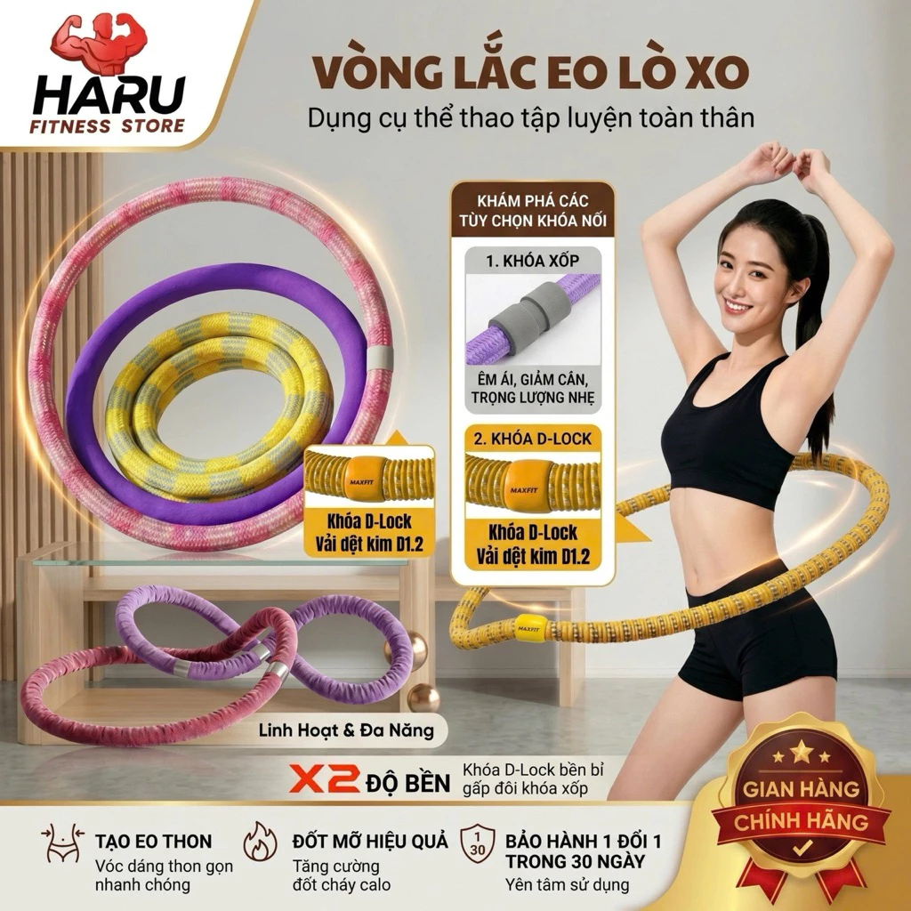 Vòng Lắc Eo Lò Xo HARU Bọc Vải Dệt Cao Cấp 1.5kg 2kg 2.5kg - Không Đau Rát, Đốt Mỡ Bụng Nhanh, Eo Thon HR83