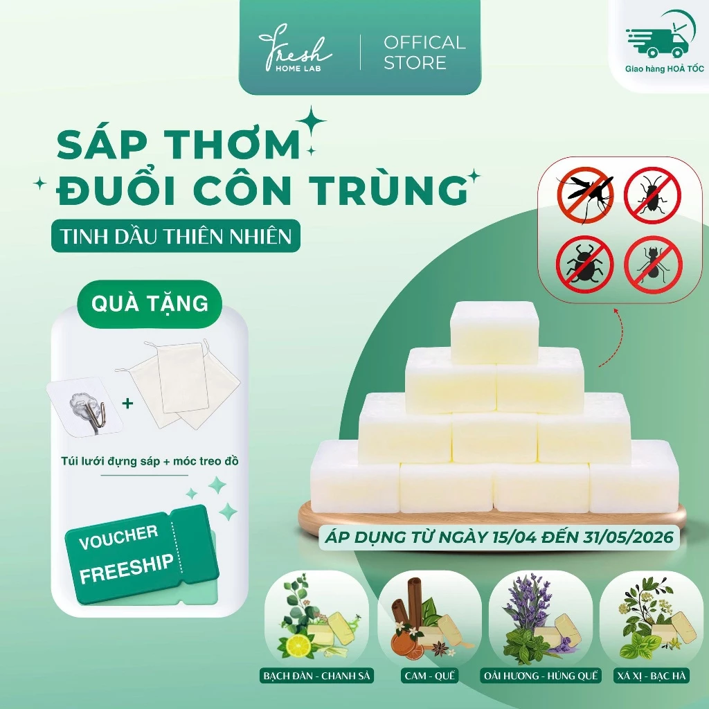 Sáp thơm đuổi muỗi, đuổi côn trùng - Khử mùi, hút ẩm nhà cửa với tinh dầu thiên nhiên Fresh Home Lab