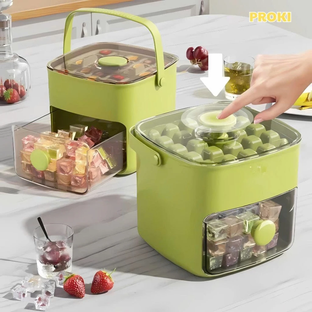 Hộp Làm Đá Lạnh 2 Tầng Di Động Proki Khay Đá Có Nắp Đậy Lấy Đá Siêu Nhanh, Chất Liệu PP Cao Cấp