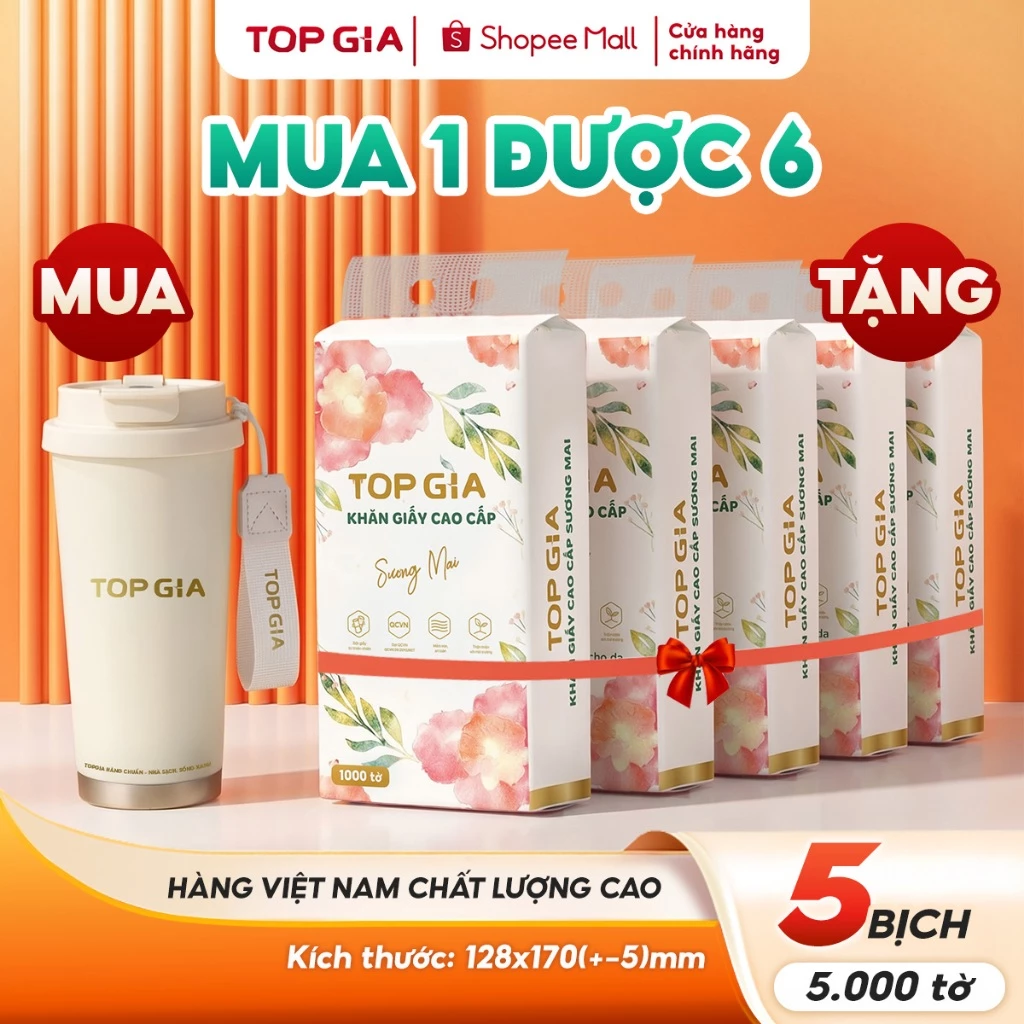 (MUA 1 TẶNG 5) Bình giữ nhiệt Topgia tặng 5 bịch khăn giấy rút đáy sương mai 1000 tờ 4 lớp hàng Việt