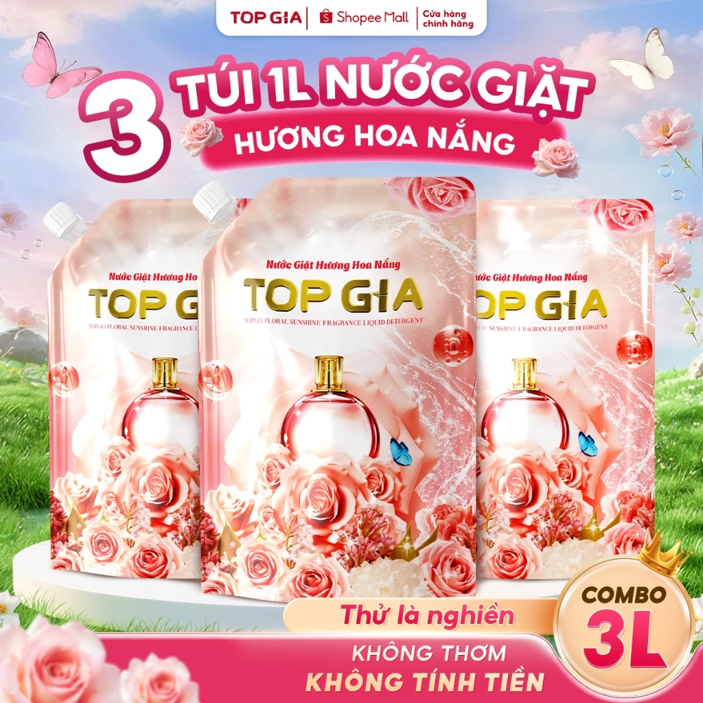 Combo 3 Túi 1L Nước Giặt Xả TOPGIA Hương Hoa Nắng 2in1 Làm Mềm Vải, Lưu Hương Bền Lâu