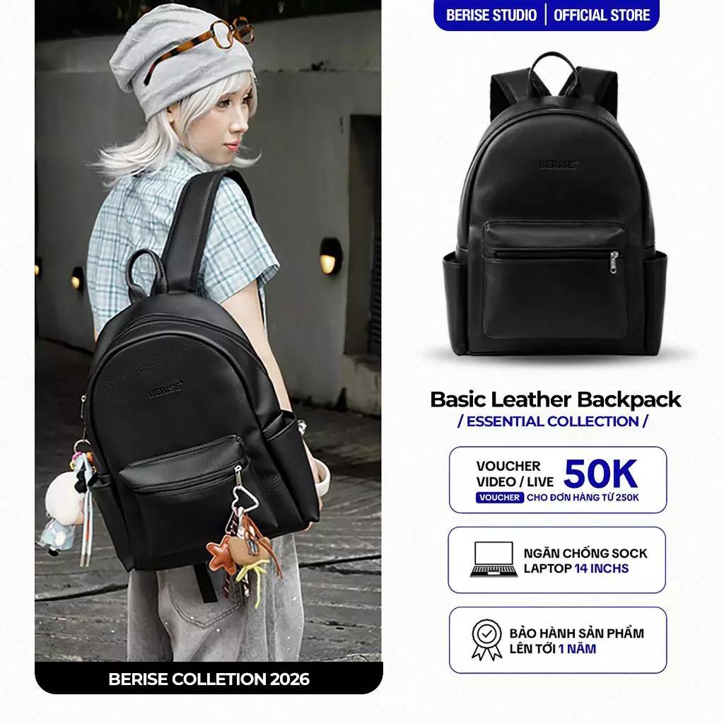 Ảnh sản phẩm do Shopee hiển thị, kiểm tra ngày 9/8/26 Balo Da Berise Basic Leather Pack, Unisex nam nữ, Đựng vừa Laptop 15,6inch, Da cao cấp chống nước đang được đối chiếu cho người mua tại Việt Nam