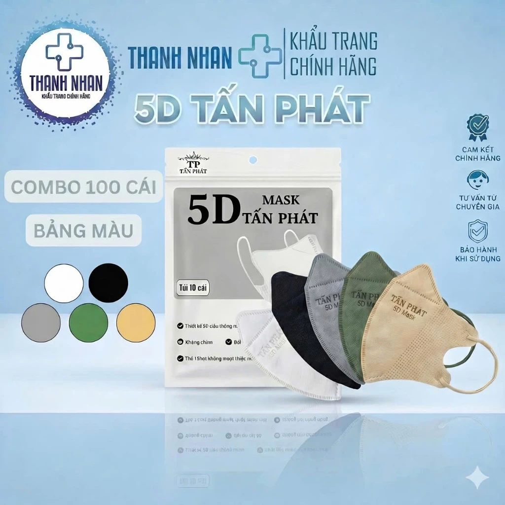 Khẩu Trang 5D Tấn Phát Chính Hãng 3 Lớp, Chống Bụi Mịn, Không Lem Son