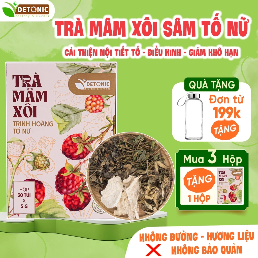 Trà mâm xôi DETONIC giúp cân bằng nội tiết tố nữ, giảm khô hạn, tiền mãn kinh, nguyên liệu thiên nhiên thảo mộc