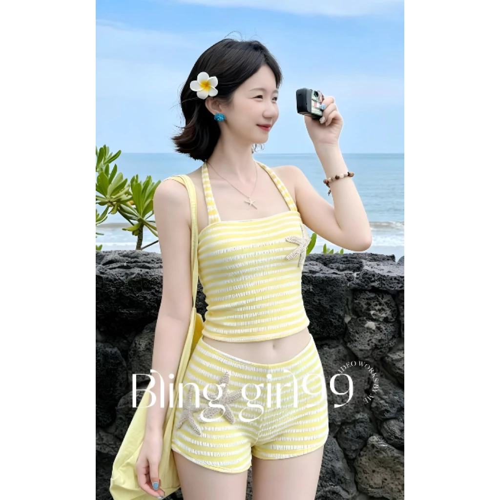 (orrder 7-15n)Set BiKiNi 2 Mảnh Màu Vàng Buộc Dây Cổ Kèm Sao Biển❤️