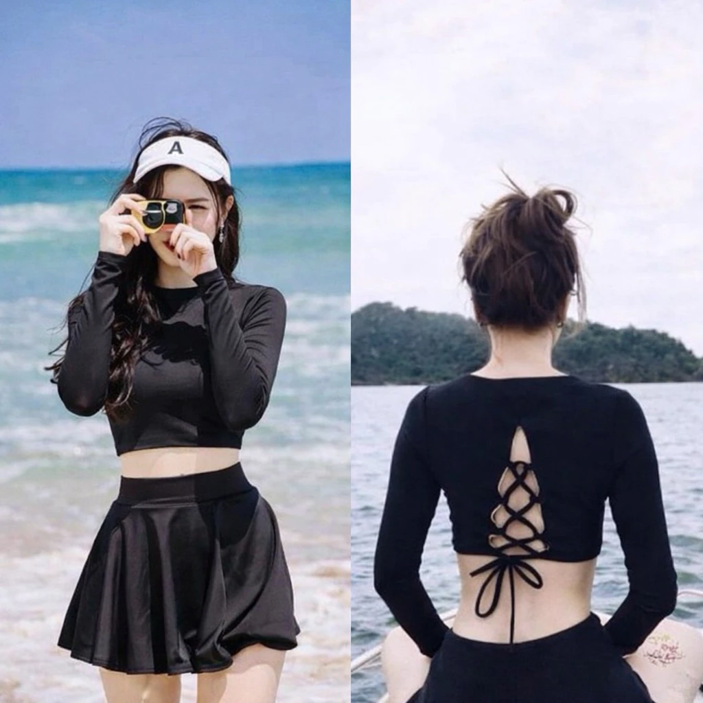 Bikini đi biển 2 mảnh áo váy kín đáo, có mút, đồ bơi nữ tay dài váy xòe, áo bơi croptop đủ size