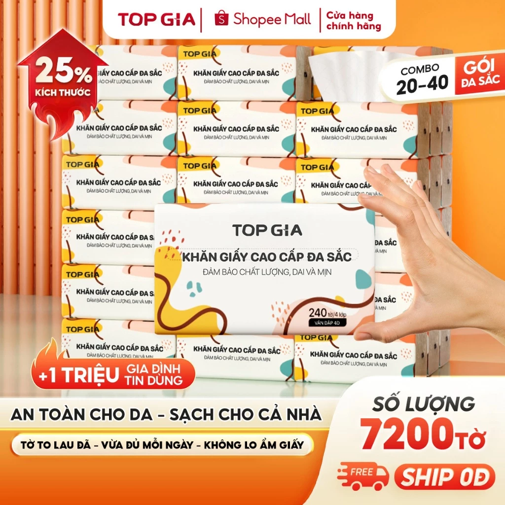 Giấy ăn rút Topgia đa sắc cao cấp 240 tờ 4 lớp, dập vân 4D, mềm mịn, thấm hút tốt