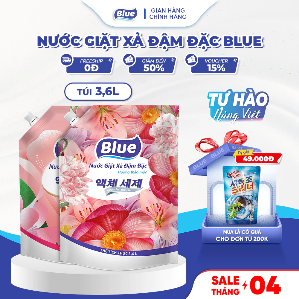 Nước giặt đậm đặc Blue 3,6L - Hương thảo mộc, nước hoa thơm dịu 72h, sạch sâu từng vết bẩn