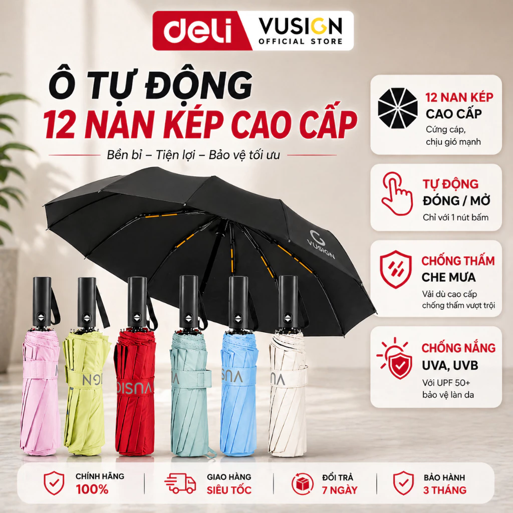 Ô Dù Che Mưa Nắng Tự Động DELI 12 Nan Đôi Xịn Size To Có Nút Đóng/Mở Thông Minh Gấp Gọn Chống UV