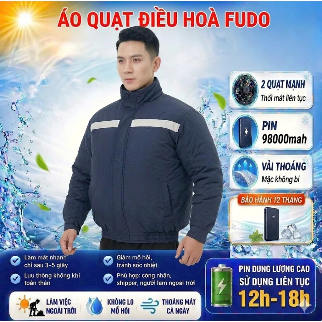 Áo Quạt Điều Hoà Nhật Bản 86.000 mah công ty mát lạnh mùa hè,chất kaki dày dặn, TẶNG KÈM ĐÁ KHÔ KHI MUA CẢ Bộ Fudo.house