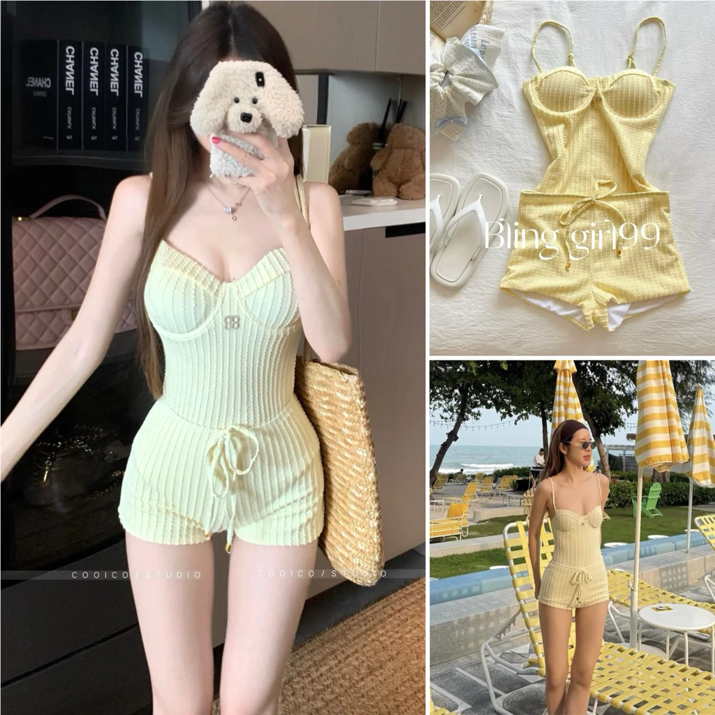 Áo tắm liền thân kiểu nghỉ dưỡng, bikini bơi suối nước nóng, áo tắm đồ bơi liền thân màu vàng tươi xẻ cao