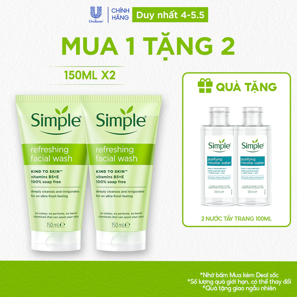 Combo 2 Sữa Rửa Mặt Simple lành tính và hiệu quả cho mọi loại da 150ml