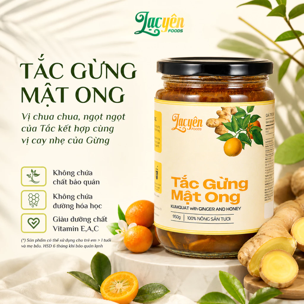 Tắc Gừng Mật Ong Lạc Yên Foods Đạt ISO 22000 Có Tắc Gừng Tươi Để Ngậm Ấm Họng Tăng Đề Kháng