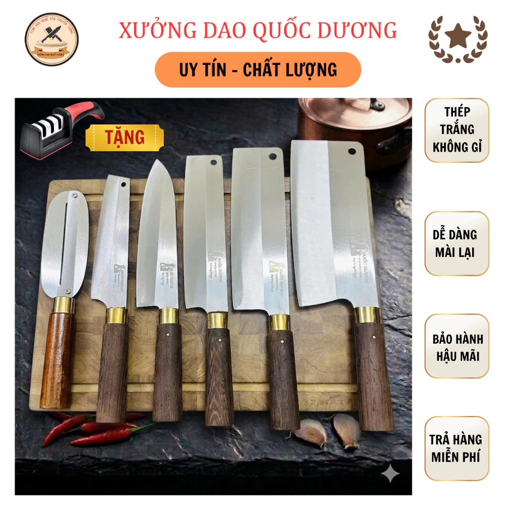 Bộ dao nhà bếp QUỐC DƯƠNG ,làm từ thép trắng Nhật 420HC kháng gỉ, cán gỗ mun chống mối mọt, BH 24 tháng - M1