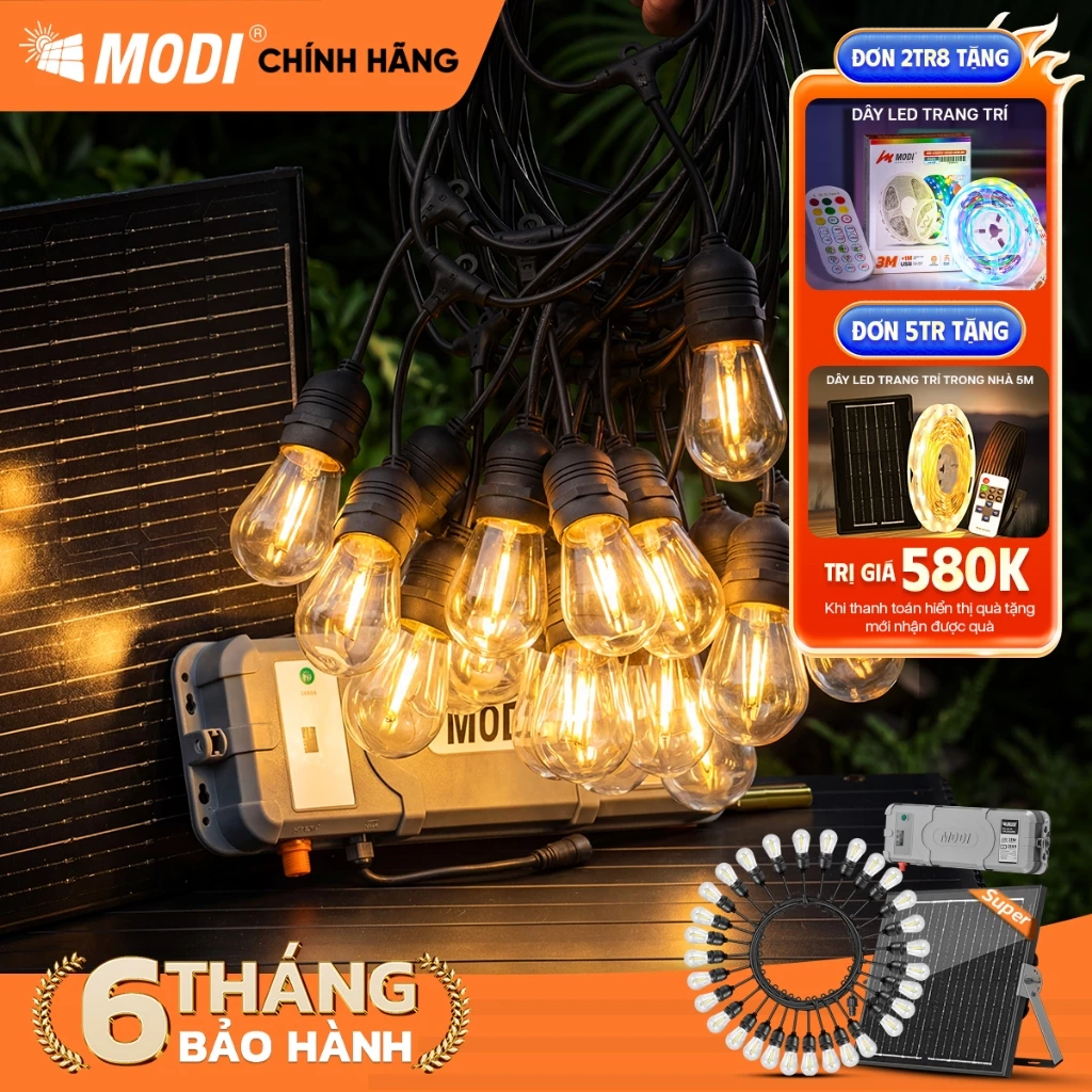 Đèn Dây Trang Trí Ngoài Trời MODI SOLAR, Đèn Led Trang Trí Năng Lượng Mặt Trời Kháng Nước IP65
