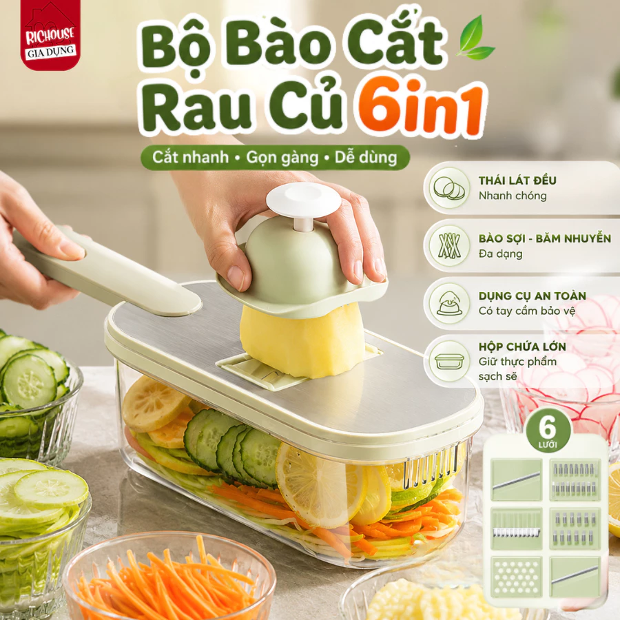 [HÀNG LOẠI 1] Bộ Nạo Rau Củ 6 Lưỡi Dao Kèm Khay Đựng Và Tay Cầm Bảo Vệ, Dụng Cụ Bào Sợi Đa Năng