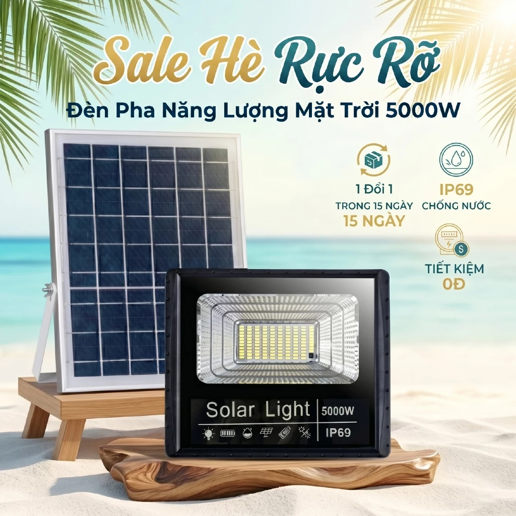 Đèn Năng Lượng Mặt Trời - Công Suất 5000W - Vỏ Nhựa ABS-Chống Nước IP69 - Không tốn tiền điện. An toàn Tự động bật/tắt