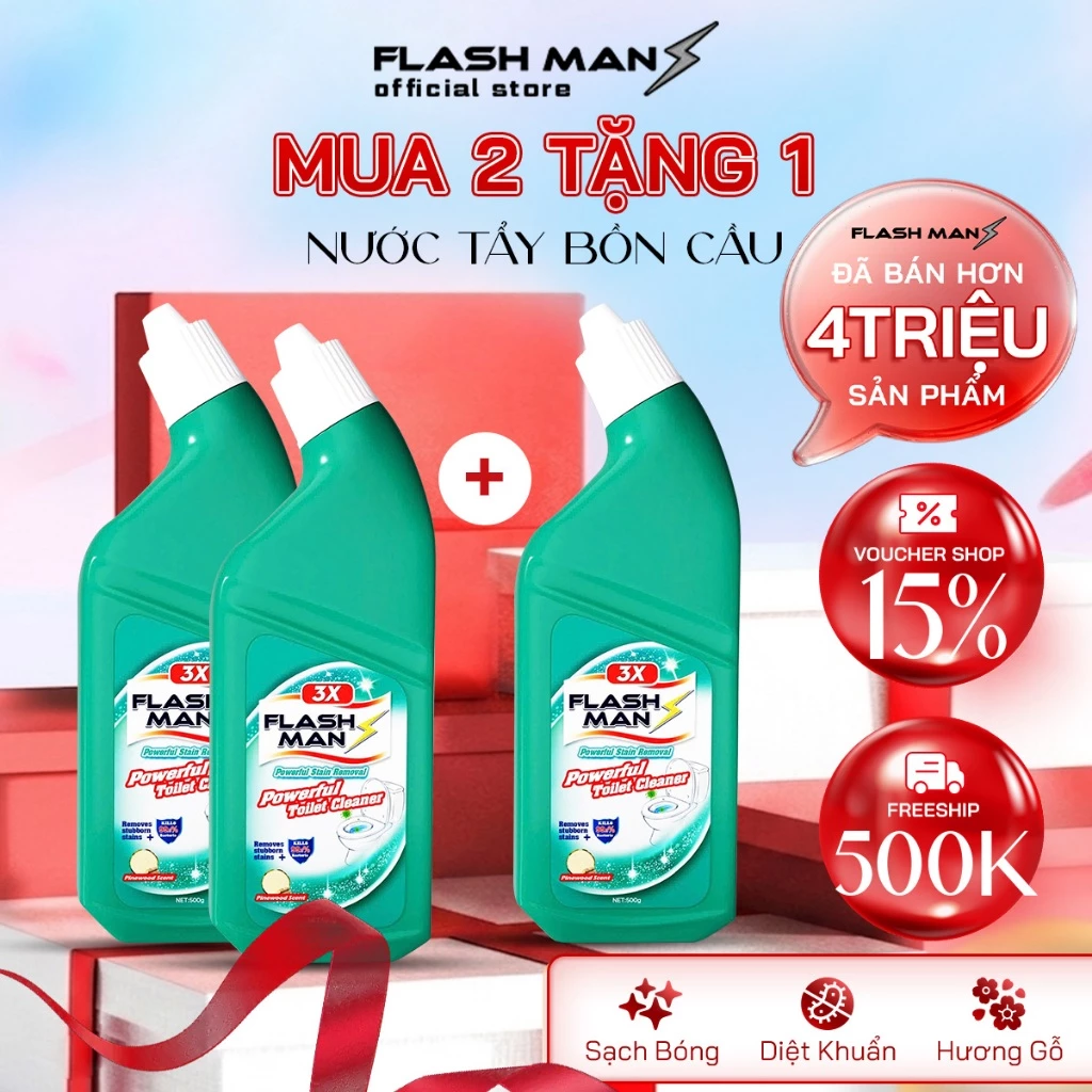 [MUA 2 TẶNG 1] Nước Tẩy Bồn Cầu Flashman 500g – Diệt Khuẩn 99.9% – Khử Mùi, Tẩy Sạch Vết Bẩn