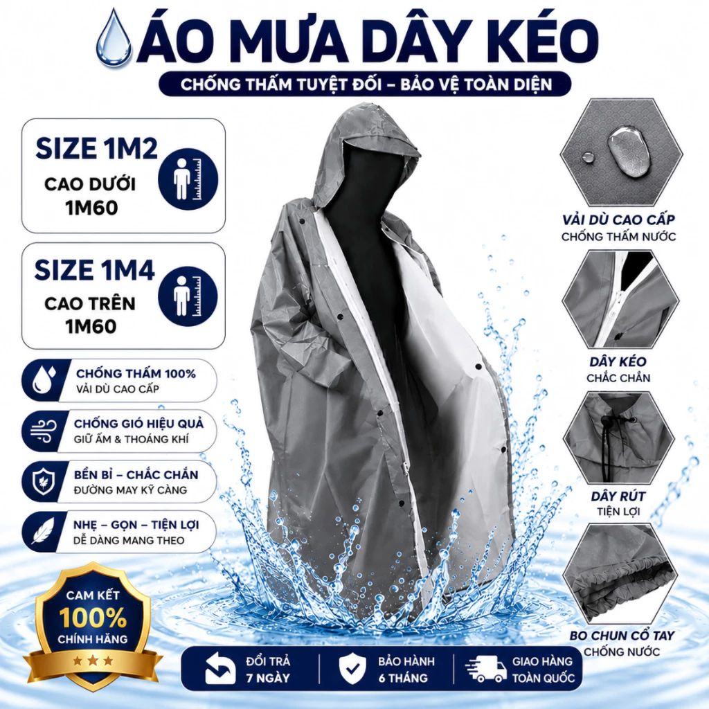Áo mưa dây kéo vải dù da cá chống thấm tốt , Nhiều màu sắc , Giá sỉ , Hàng xưởng việt nam xuất khẩu