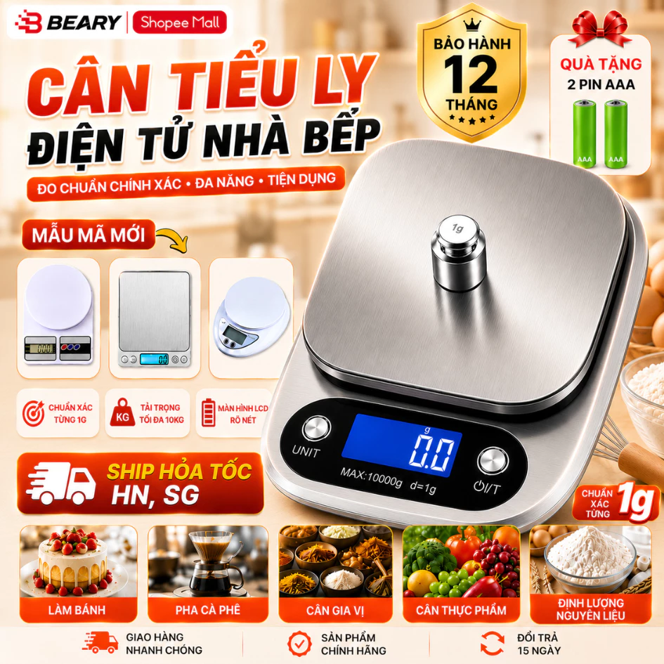 Cân Tiểu Ly Điện Tử Nhà Bếp 1g-10kg, 0,1g- 5kg METIS Độ Chính Xác Cao, Chất Liệu Hợp Kim Thép Bền Bỉ Tặng Kèm 2 pin