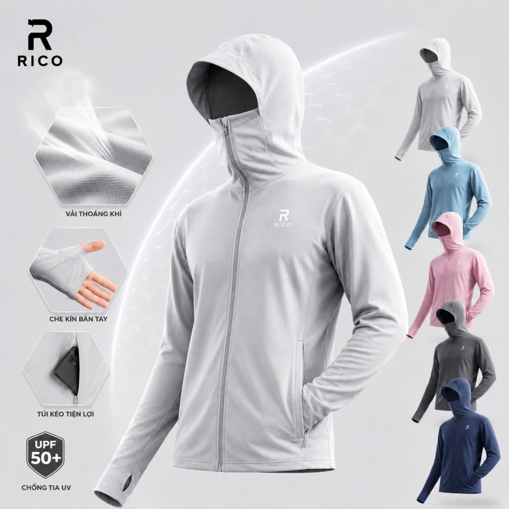 Áo chống nắng 2 lớp UPF 50+ chống tia UV nam nữ khoá kéo cổ cao M08 Rico