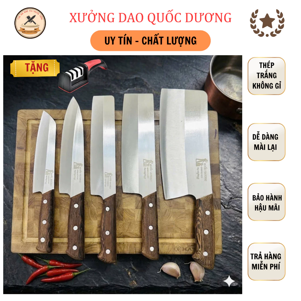 Bộ dao nhà bếp QUỐC DƯƠNG làm từ thép Nhật 420HC không han gỉ, cán ốp gỗ mun chốt 3 đinh chắc chắn, BH 24 tháng - M4