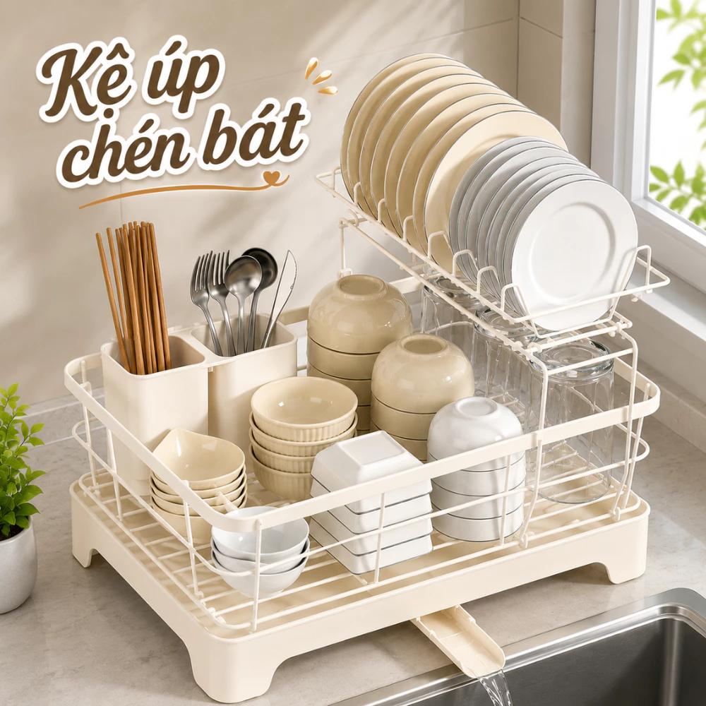 [HÀNG LOẠI 1] Kệ Úp Chén Bát Khung Thép Carbon Chống Gỉ, Giá Để Bát Đĩa Có Khay Thoát Nước Nhà Bếp