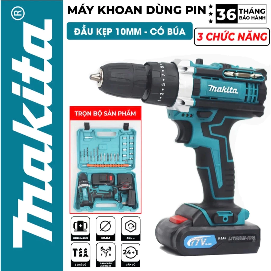 Máy Khoan Pin 3 Chức Năng Khoan Sắt Bắn Vít Lõi Đồng Động Cơ Chổi Than – Tặng Kèm Bộ 24 Chi Tiết