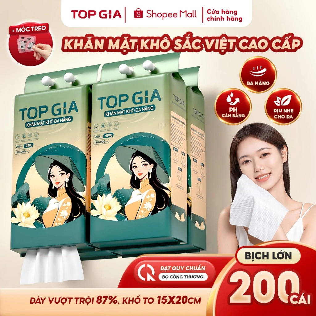 Khăn mặt khô Top Gia treo tường Sắc Việt, dùng 1 lần mềm mịn, an toàn cho da, bịch 200 tờ