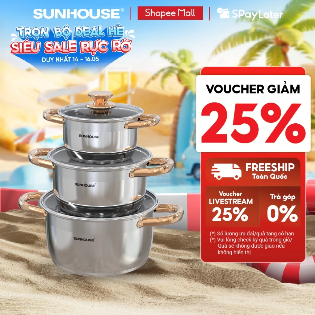 Bộ nồi inox 5 đáy Sunhouse SH781 – gồm 3 nồi với đường kính 16cm-20cm-24cm – Đáy từ dùng mọi loại bếp – 5 lớp đáy