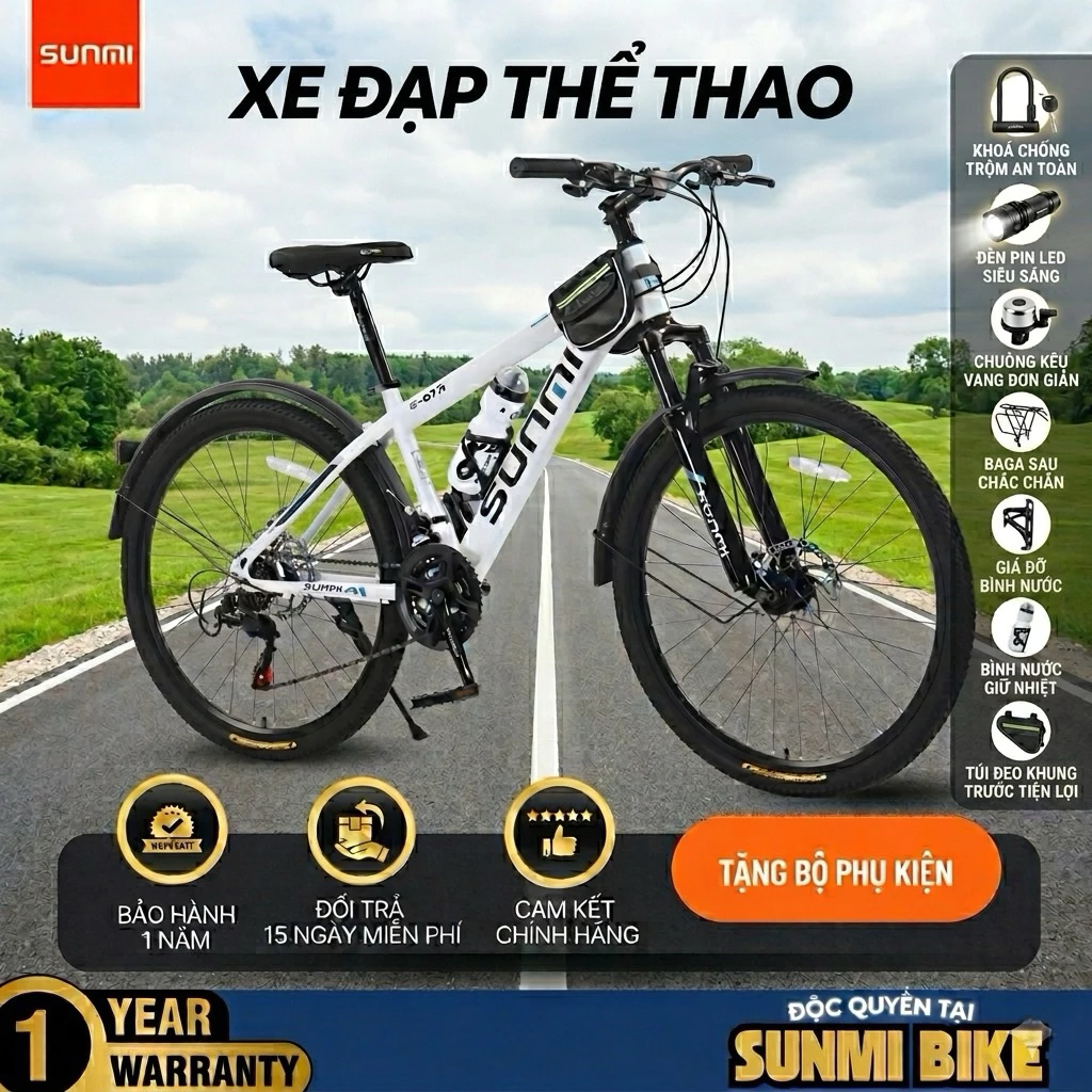 Xe Đạp Thể Thao Sunmi 26inch Địa Hình Leo Núi Khung Thép Carbon Cao Cấp Nam Nữ Tặng Kèm Baga