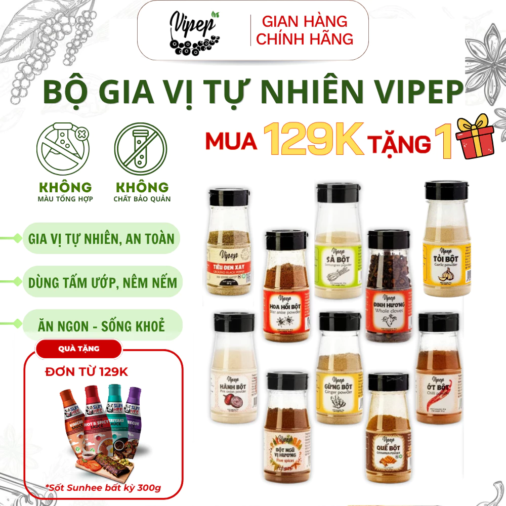 Bột Gia Vị Vipep gia vị nấu ăn hành bột, tỏi bột, ớt, ngũ vị hương, tiêu, quế, sả bột, ngò, nghệ