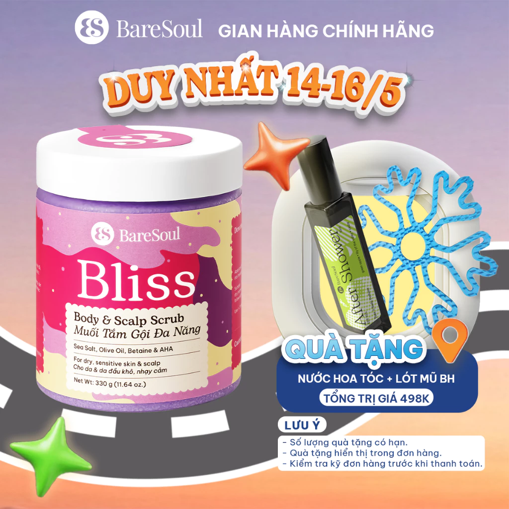 Muối tắm gội tím tẩy tế bào chết da đầu cho tóc tẩy nhuộm Bliss BareSoul Salt Body & Scalp Scrub 330g