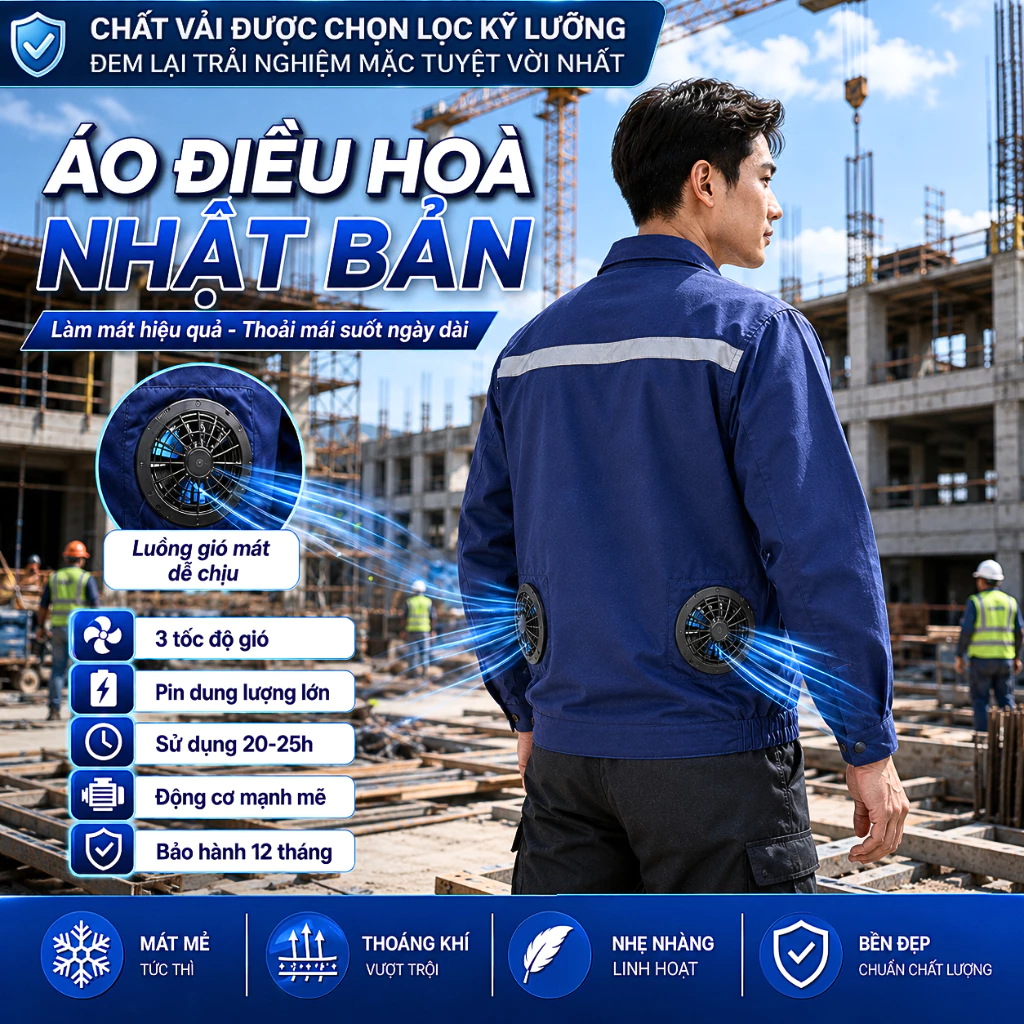 Áo điều hòa Nhật Bản 25V, quạt áo điều hòa công suất lớn hoạt động 12-16h liên tục cả ngày dài
