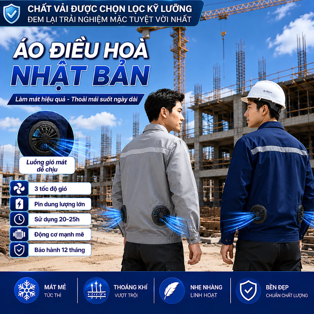 Áo điều hòa Nhật Bản, quạt áo điều hòa công suất 25V, hoạt động liên tục 12-14h mát cực nhanh