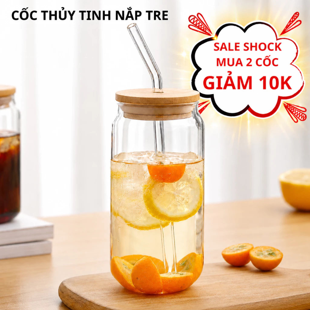 Ly Thủy Tinh Chịu Nhiệt có Nắp Tre và Có Ống Hút Thủy Tinh 500ml - Gia dụng Thu Hương
