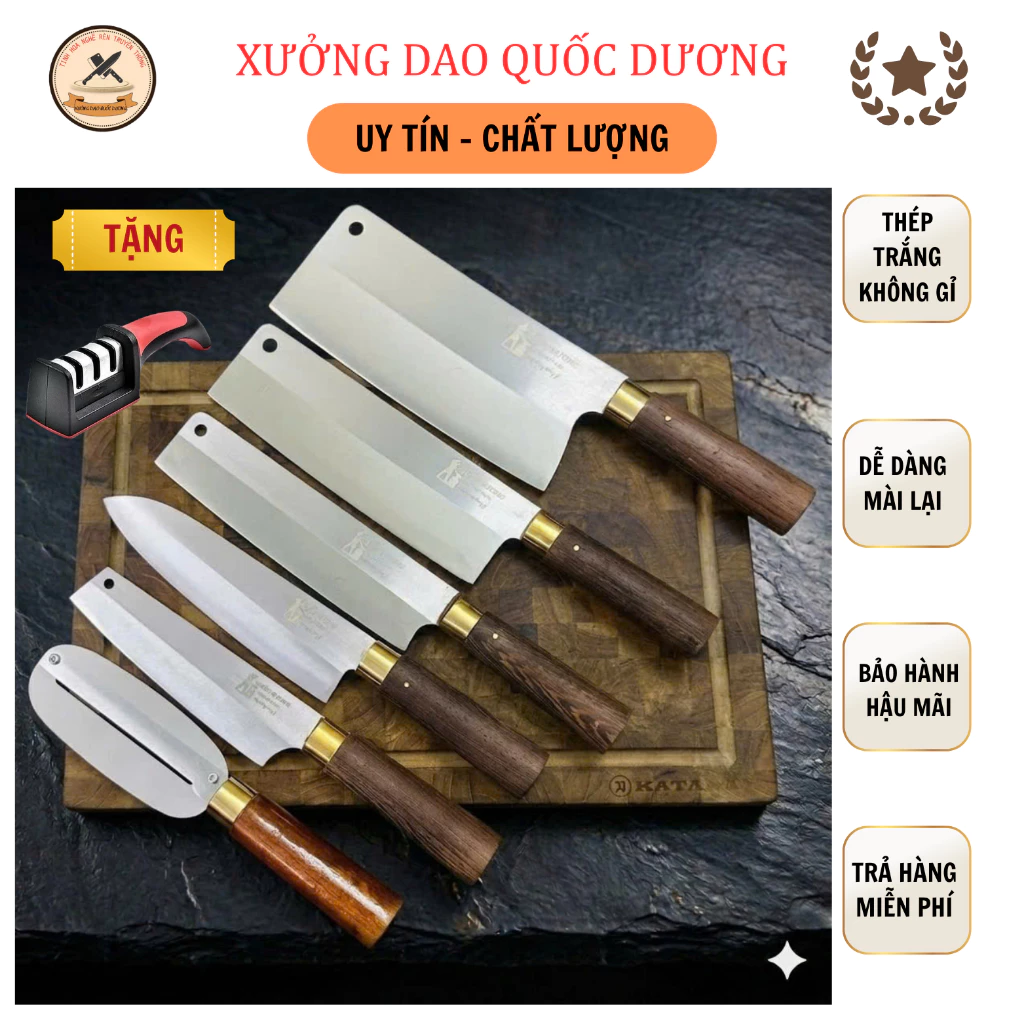 Bộ dao nhà bếp QUỐC DƯƠNG, làm từ thép trắng Nhật 420HC kháng gỉ, cán làm từ gỗ mun chống mối mọt, BH 24 tháng - M22