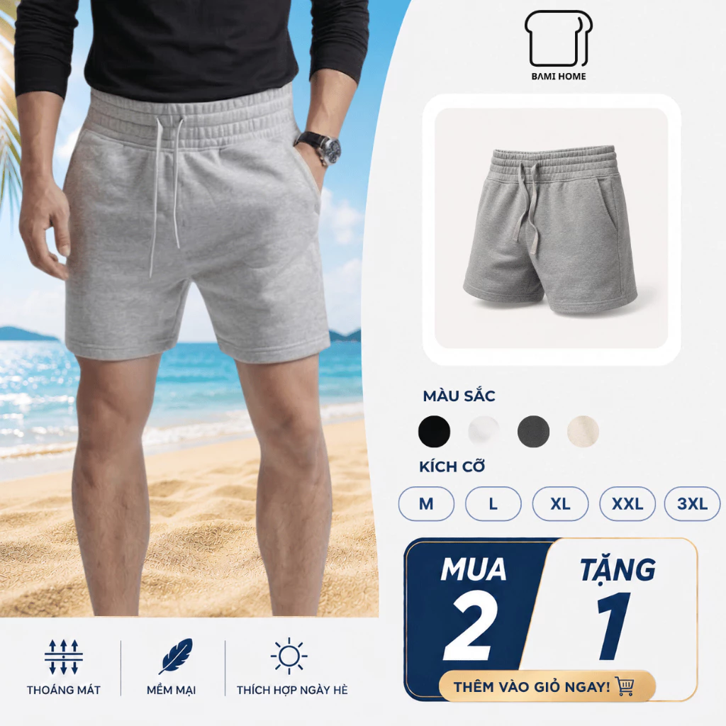 Quần short thể thao nam basic BAMIHOME chất vải nỉ chân cua khô thoáng, thoải mái QN08