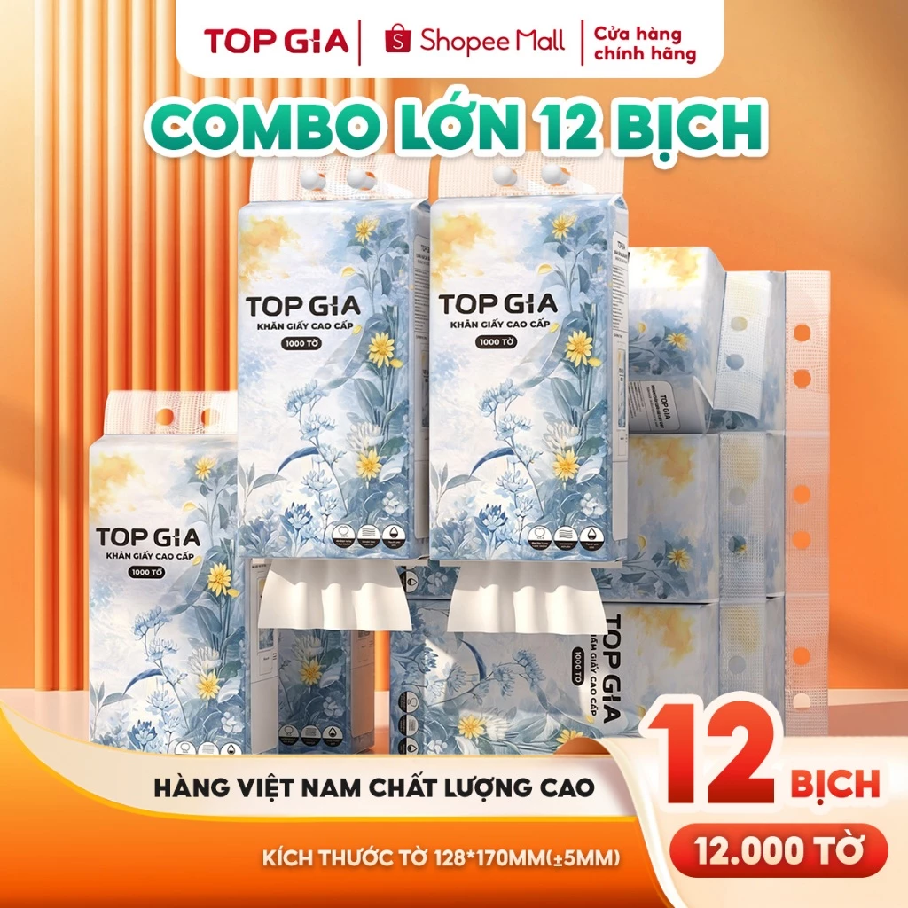 COMBO LỚN 12 bịch rút đáy mộc an Topgia 1000 tờ, 4 lớp dày dặn, hàng Việt Nam chất lượng cao, thùng 5/15 bịch